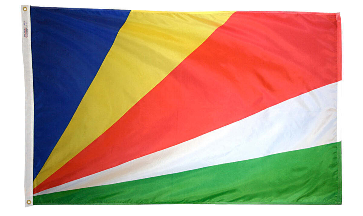 Seychelles Flag 5x8 ft. Nylon SolarGuard Nyl-Glo 100% Made in USA to Official United Nations Design Specifications.