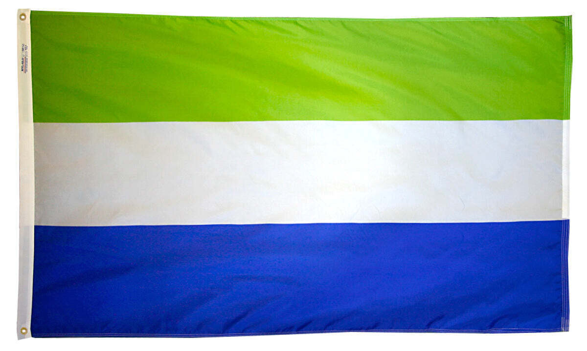 Sierra Leone Flag 3x5 ft. Nylon SolarGuard Nyl-Glo 100% Made in USA to Official United Nations Design Specifications.