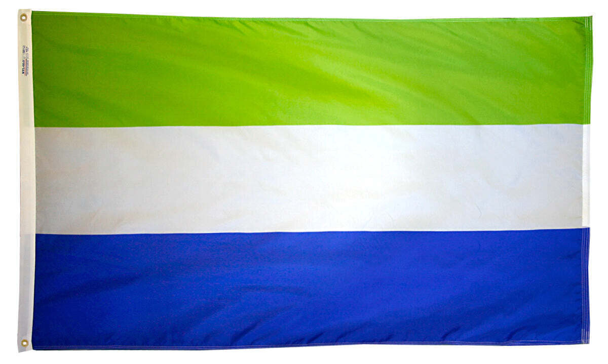 Sierra Leone Flag 5x8 ft. Nylon SolarGuard Nyl-Glo 100% Made in USA to Official United Nations Design Specifications.