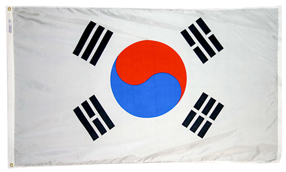 South Korea Flag 3x5 ft. Nylon SolarGuard Nyl-Glo 100% Made in USA to Official United Nations Design Specifications.