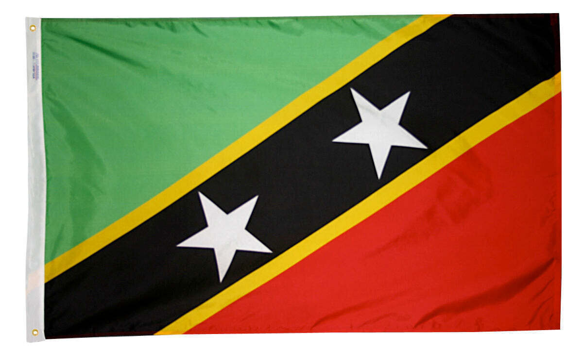 St. Kitts & Nevis Flag 2x3 ft. Nylon SolarGuard Nyl-Glo 100% Made in USA to Official United Nations Design Specifications.
