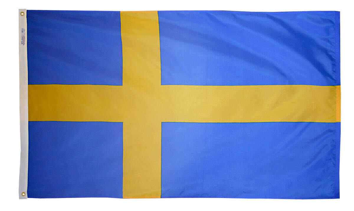 Sweden Flag 3x5 ft. Nylon SolarGuard Nyl-Glo 100% Made in USA to Official United Nations Design Specifications.