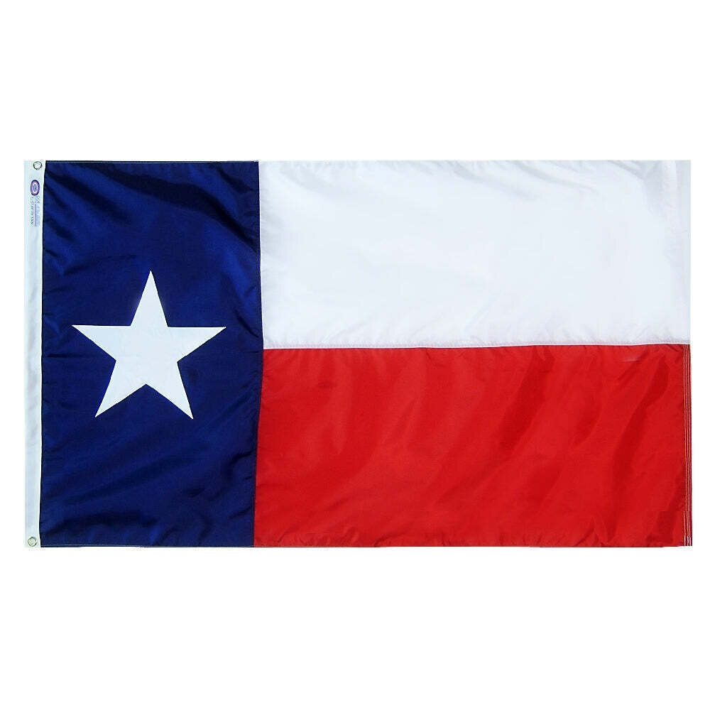 Texas State Flag 3x5 ft. Nylon SolarGuard Nyl-Glo 100% Made in USA to Official State Design Specifications. This is a sewn flag.