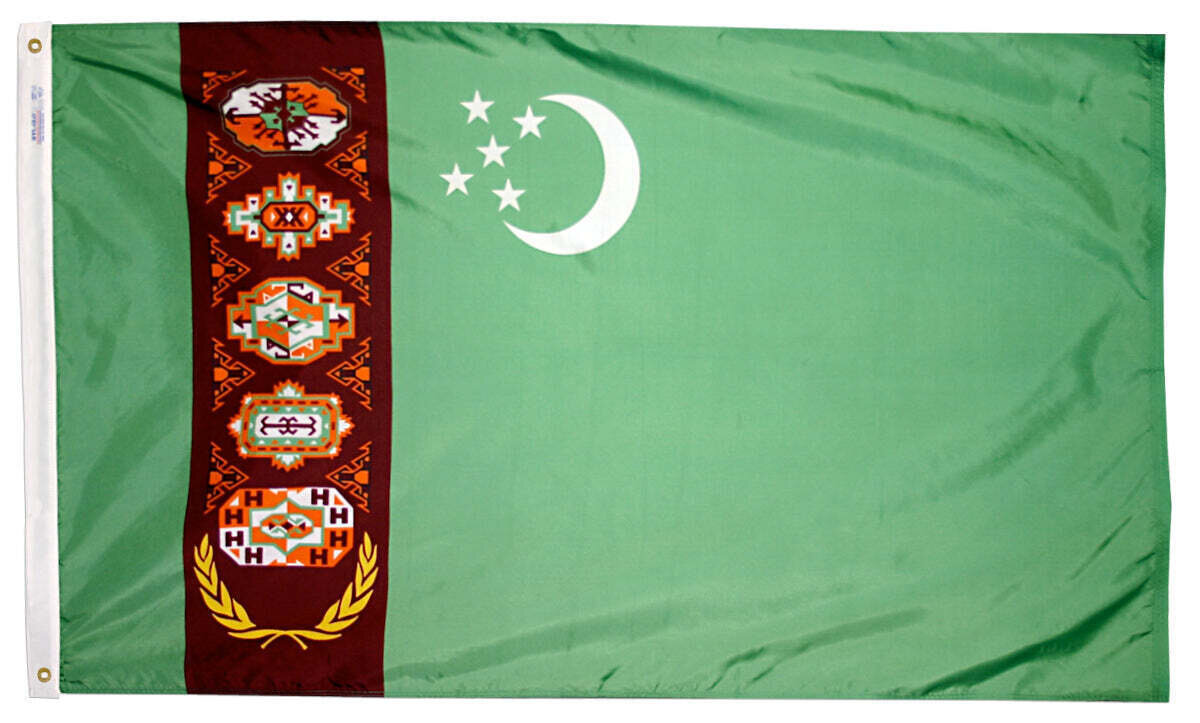 Turkmenistan Flag 5x8 ft. Nylon SolarGuard Nyl-Glo 100% Made in USA to Official United Nations Design Specifications.