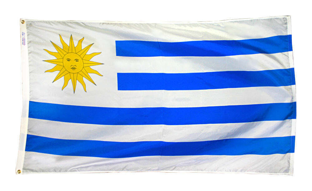 Uruguay Flag 5x8 ft. Nylon SolarGuard Nyl-Glo 100% Made in USA to Official United Nations Design Specifications.
