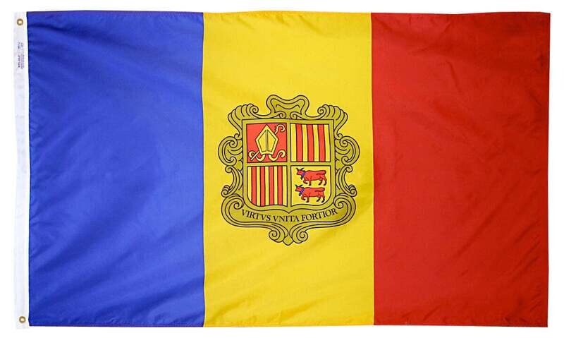 Andorra Flag 4x6 ft. Nylon SolarGuard Nyl-Glo 100% Made in USA to Official United Nations Design Specifications.