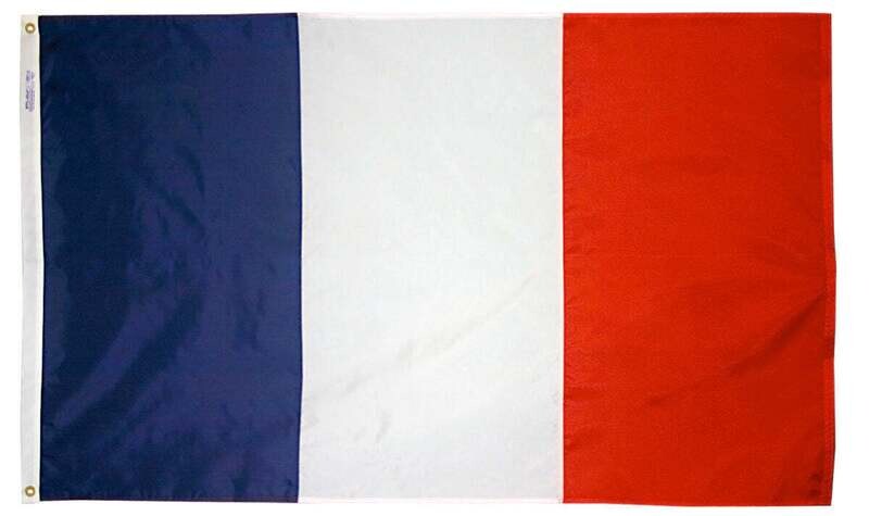 France Flag  3x5 ft. Nylon SolarGuard Nyl-Glo 100% Made in USA to Official United Nations Design Specifications.