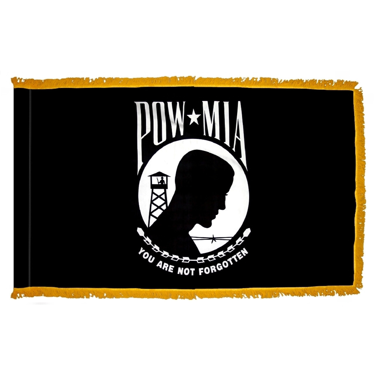 POW/MIA single sided Flag 3x5 ft.. Nylon SolarGuard Nyl-Glo with fringe & pole sleeve. 100% Made in USA..