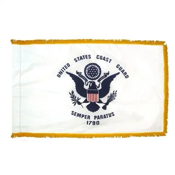 U.S. Coast Guard Military Flag 3x5 ft. Nylon SolarGuard with fringe & pole sleeve. Nyl-Glo 100% Made in USA to Official Specifications. Officially Licensed Manufacturer.
