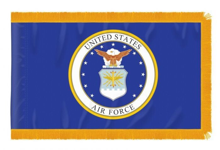U.S. Airforce Military Flag 3x5 ft. Nylon SolarGuard Nyl-Glo 100% with fringe & pole sleeve. Made in USA to Official Specifications. Officially Licensed Manufacturer. U.S. Airforce Military Flag 3x5 ft. Nylon SolarGuard Nyl-Glo 100% with fringe & pole sleeve. Made in USA to Official Specifications. Officially Licensed Manufacturer.