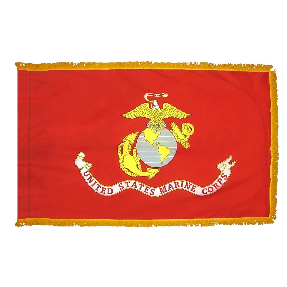 U.S. Marine Corps Military Flag 3x5 ft. Nylon SolarGuard Nyl-Glo with fringe & pole sleeve. 100% Made in USA to Official Specifications. Officially Licensed Manufacturer.