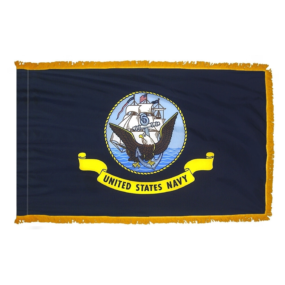 U.S. Navy Military Flag 3x5 ft. Nylon SolarGuard Nyl-Glo with fringe & pole sleeve. 100% Made in USA to Official Specifications. Officially Licensed Manufacturer.