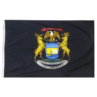 Michigan State Flag 4x6 ft. Nylon SolarGuard Nyl-Glo 100% Made in USA to Official State Design Specifications. Michigan State Flag 4x6 ft. Nylon SolarGuard Nyl-Glo 100% Made in USA to Official State Design Specifications.