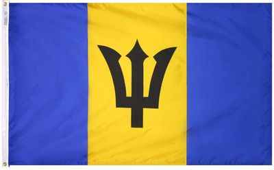 Barbados Flag 5x8 ft. Nylon SolarGuard Nyl-Glo 100% Made in USA to Official United Nations Design Specifications. Barbados Flag 5x8 ft. Nylon SolarGuard Nyl-Glo 100% Made in USA to Official United Nations Design Specifications.