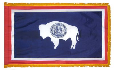 Wyoming State Flag 3x5 ft. Nylon with Pole Sleeve and Gold Fringe for Parades, and Indoor Display Wyoming State Flag 3x5 ft. Nylon with Pole Sleeve and Gold Fringe for Parades, and Indoor Display