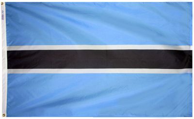 Botswana Flag 3x5 ft. Nylon SolarGuard Nyl-Glo 100% Made in USA to Official United Nations Design Specifications. Botswana Flag 3x5 ft. Nylon SolarGuard Nyl-Glo 100% Made in USA to Official United Nations Design Specifications.