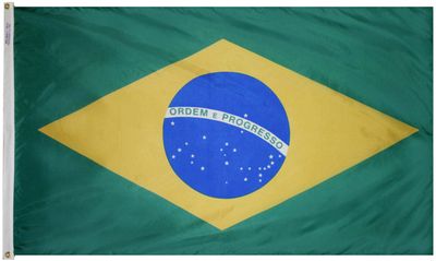 Brazil Flag 3x5 ft. Nylon SolarGuard Nyl-Glo 100% Made in USA to Official United Nations Design Specifications.