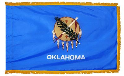 Oklahoma State Flag 3x5 ft. Nylon with Pole Sleeve and Gold Fringe for Parades, and Indoor Display Oklahoma State Flag 3x5 ft. Nylon with Pole Sleeve and Gold Fringe for Parades, and Indoor Display