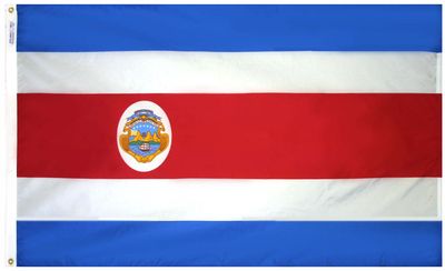 Costa Rica Flag 3x5 ft. Nylon SolarGuard Nyl-Glo 100% Made in USA to Official United Nations Design Specifications.