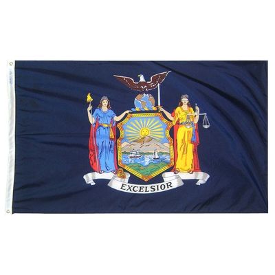 New York State Flag 3x5 ft. Nylon SolarGuard Nyl-Glo 100% Made in USA to Official State Design Specifications.