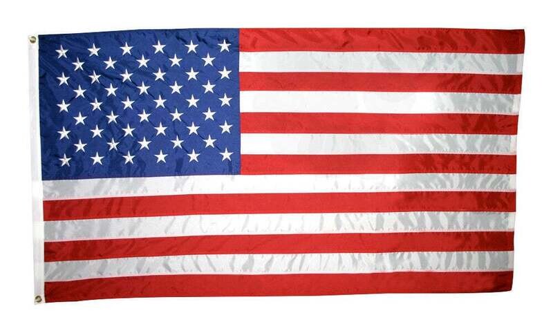 American Flag 2-1/2x4 ft. Nylon SolarGuard Nyl-Glo , 100% Made in USA with Sewn Stripes, Embroidered Stars and Brass Grommets. American Flag 2-1/2x4 ft. Nylon SolarGuard Nyl-Glo , 100% Made in USA with Sewn Stripes, Embroidered Stars and Brass Grommets.