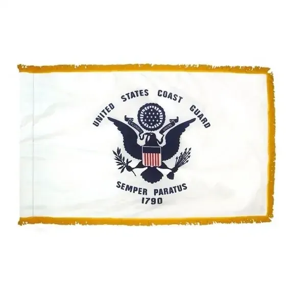 U.S. Coast Guard Military Flag 3x5 ft. Nylon SolarGuard with fringe & pole sleeve. Nyl-Glo 100% Made in USA to Official Specifications. Officially Licensed Manufacturer. U.S. Coast Guard Military Flag 3x5 ft. Nylon SolarGuard with fringe & pole sleeve. Nyl-Glo 100% Made in USA to Official Specifications. Officially Licensed Manufacturer.