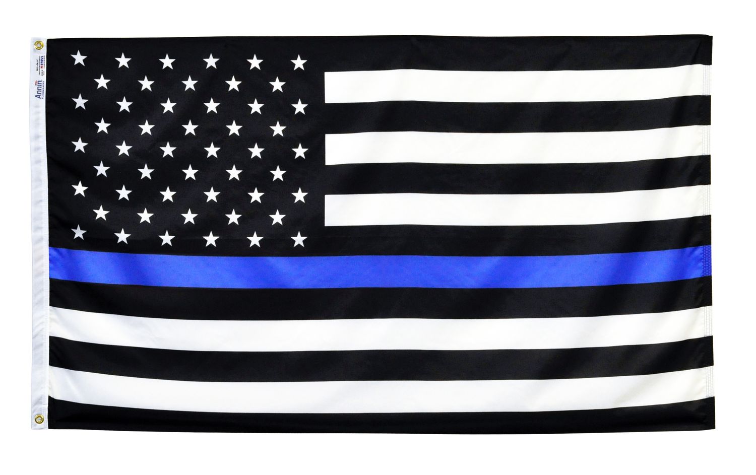 Thin Blue Line American Flag 3x5 ft. Nylon SolarGuard Nyl-Glo , 100% Made in USA with Brass Grommets. Annin 3916 Thin Blue Line American Flag 3x5 ft. Nylon SolarGuard Nyl-Glo , 100% Made in USA with Brass Grommets. Annin 3916