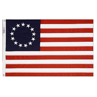 Betsy Ross American Flag 5x8 ft. Nylon SolarGuard Nyl-Glo , 100% Made in USA with Sewn Stripes, Embroidered Stars and Brass Grommets.