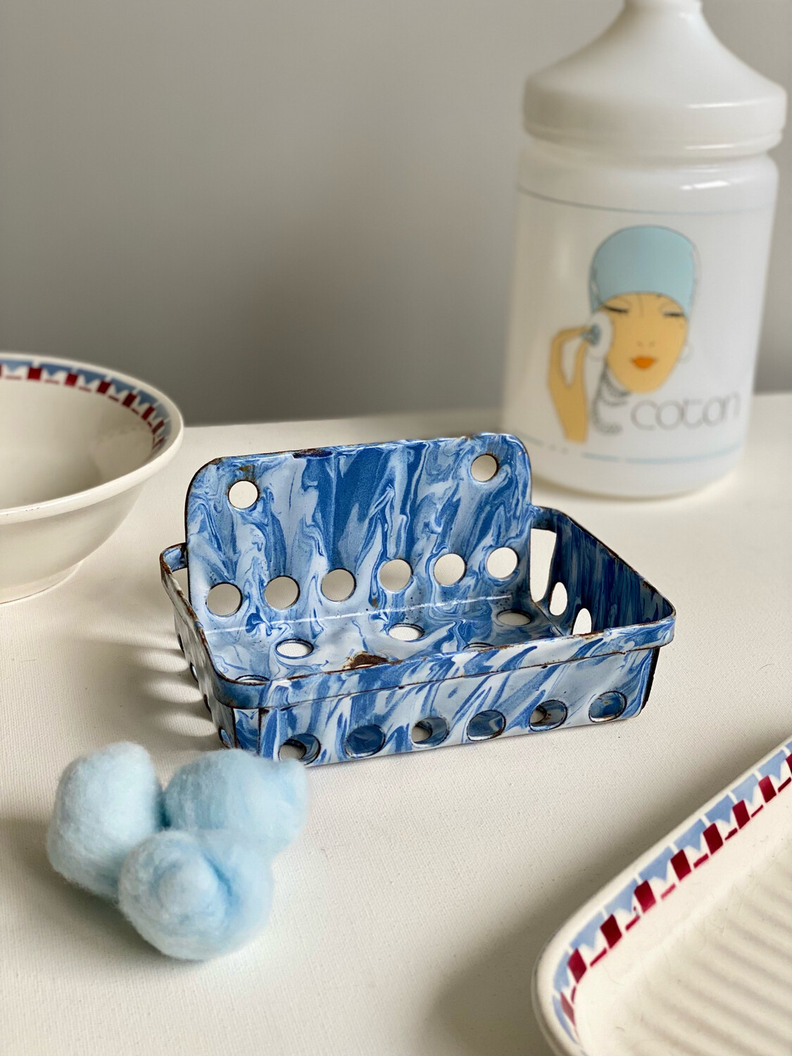 Porte-savon Vintage En Métal émaillé Bleu Ciel/gris – Mural Ou à Poser – Ancien