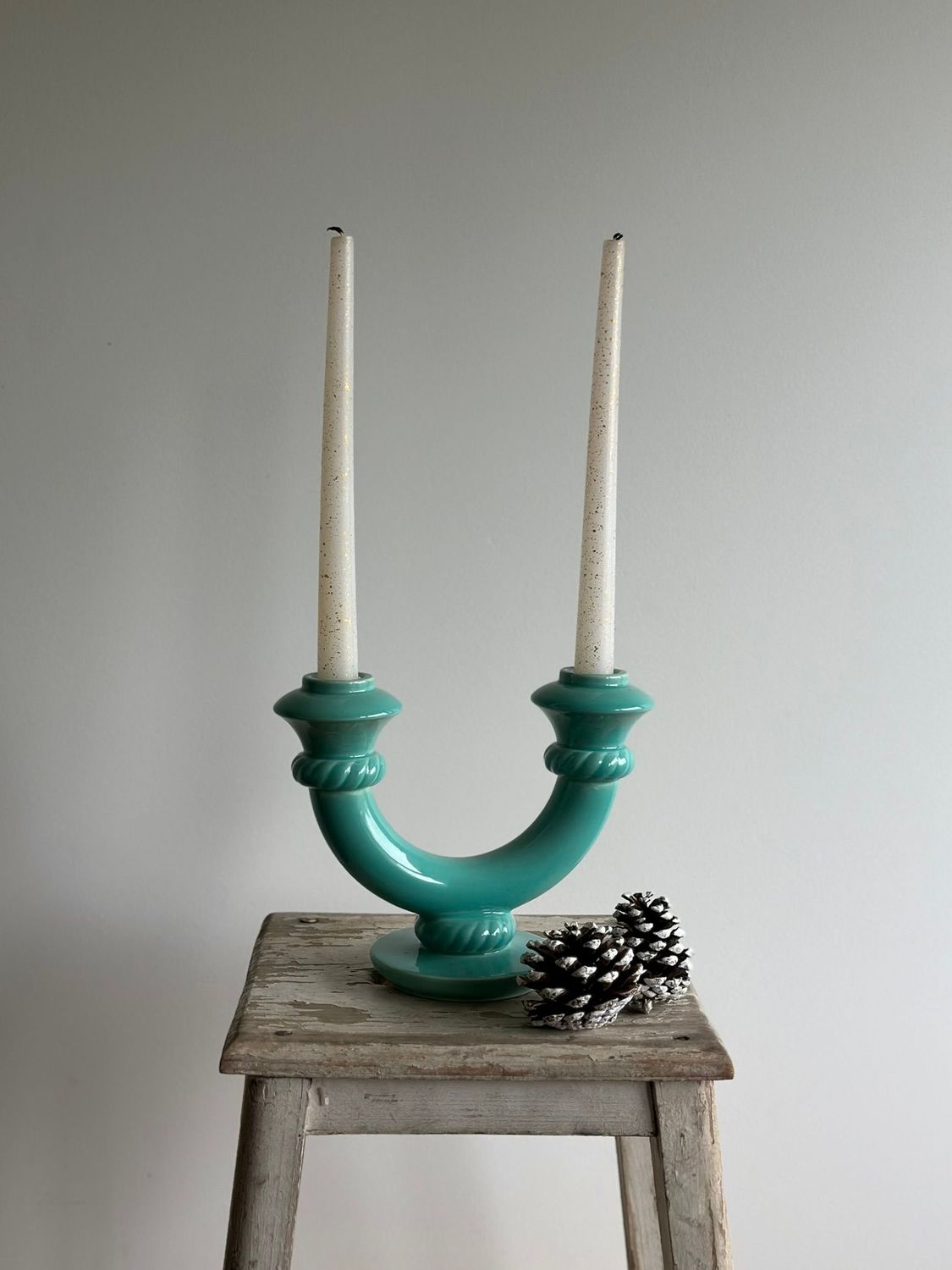 Bougeoir / chandelier double lumière en céramique - turquoise