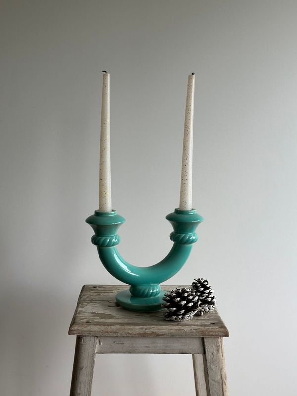 Bougeoir / chandelier double lumière en céramique - turquoise