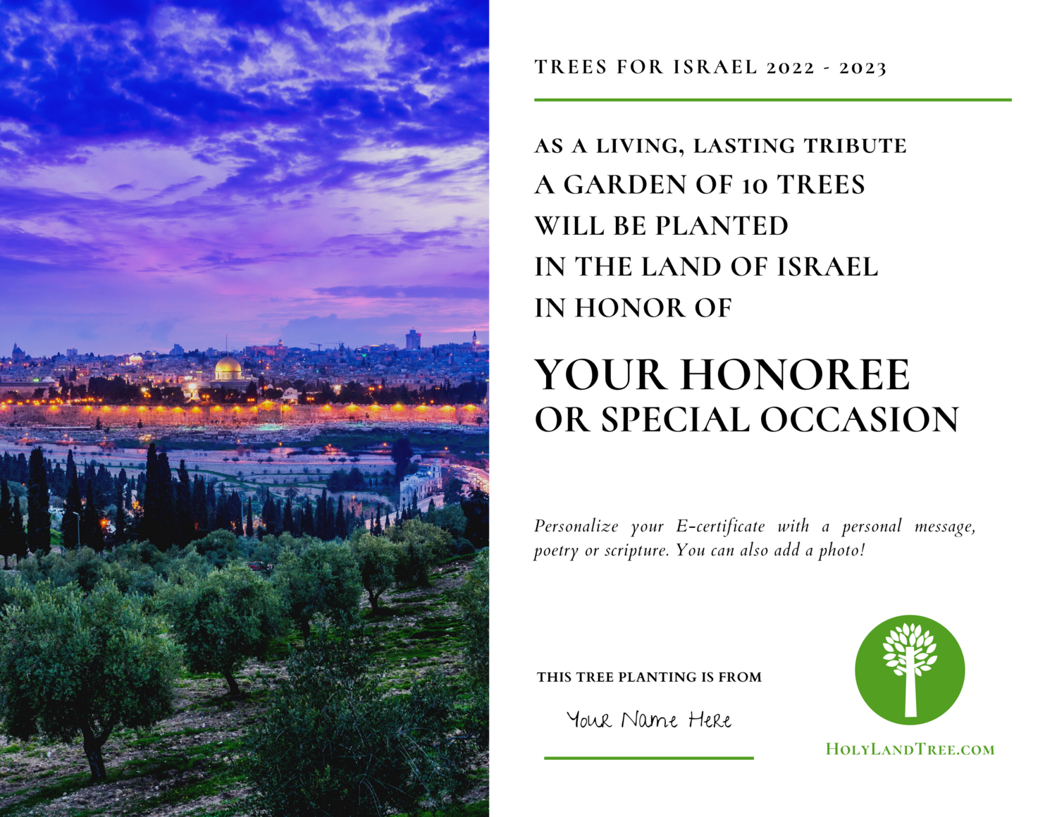 Plant a Tree in Israel with Custom E-Certificate (Digital Delivery)