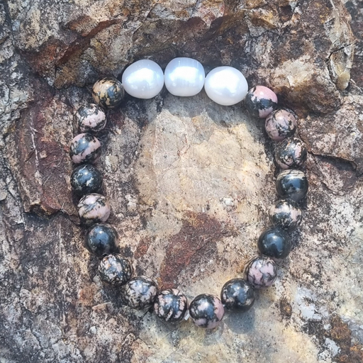 Australian Fresh Water Pearl &amp; Rhodonite Bracelet 8ml | Elegant Gemstone Jewellery for Women | Unique Accessory for Emotional Healing and Love