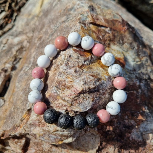 Handmade Calming 8ml Gemstone Bracelet with Rhodonite, Howlite and Lava Beads for Emotional Healing, Stress Relief, and Grounding | Natural Crystal Jewellery for Balance and Serenity