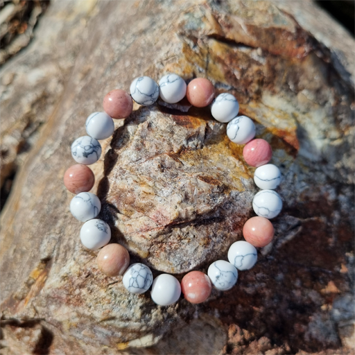 Handmade Calming 8ml Gemstone Bracelet with Rhodonite &amp; Howlite for Emotional Healing, Stress Relief, and Balance | Natural Crystal Jewellery for Inner Peace and Serenity