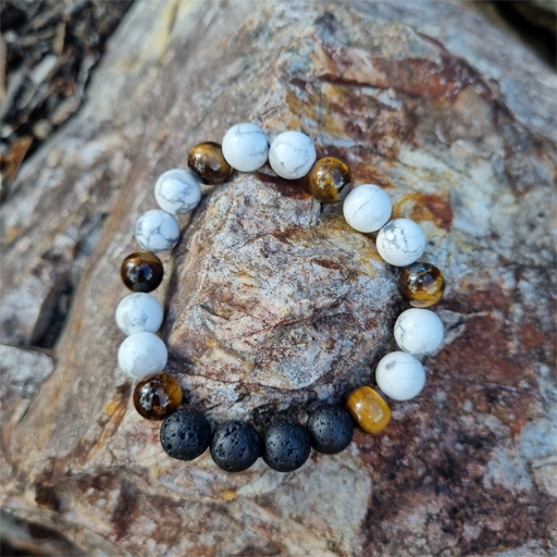 Handmade Tiger&#39;s Eye &amp; Howlite Calming 8ml Gemstone Bracelet with Lava Beads for Confidence, Stress Relief, and Grounding | Natural Crystal Jewellery for Balance and Serenity