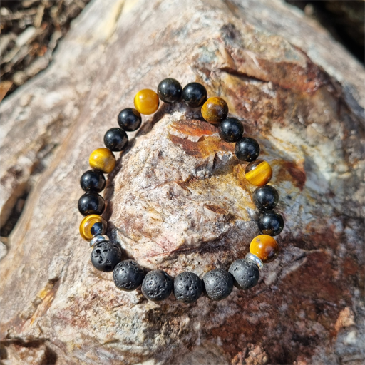Handmade Tiger&#39;s Eye &amp; Obsidian 8ml Courage Gemstone Bracelet with Lava Beads for Protection, Strength, and Grounding | Natural Crystal Jewellery for Confidence and Emotional Stability