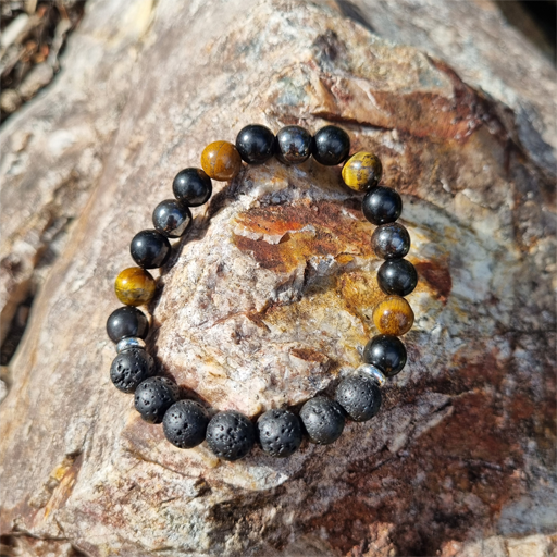 Handmade Tiger&#39;s Eye, Hematite &amp; Obsidian 8ml Protection Gemstone Manifestation Bracelet with Lava Beads for Strength, Grounding, and Emotional Healing