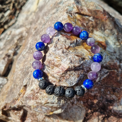 Handmade Communication 8ml Gemstone Bracelet Amethyst &amp; Lapis Lazuli with Lava Beads for Clarity, Wisdom, and Grounding | Natural Crystal Jewellery for Spiritual Healing and Emotional Balance