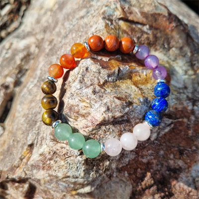 Handmade Chakra 8ml Gemstone Bracelet with Red Jasper, Carnelian, Tiger&#39;s Eye, Aventurine, Rose Quartz, Lapis Lazuli, Amethyst, and Lava Beads |  for Healing, Balance, and Grounding