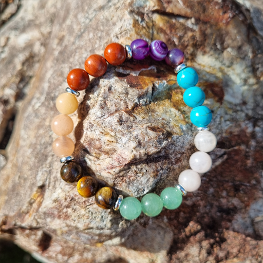 Handmade Chakra 8ml Gemstone Bracelet with Red Jasper, Carnelian, Tiger&#39;s Eye, Aventurine, Rose Quartz, Blue Turquoise, and Amethyst | Natural Crystal Jewelry for Healing, Balance, and Empowerment