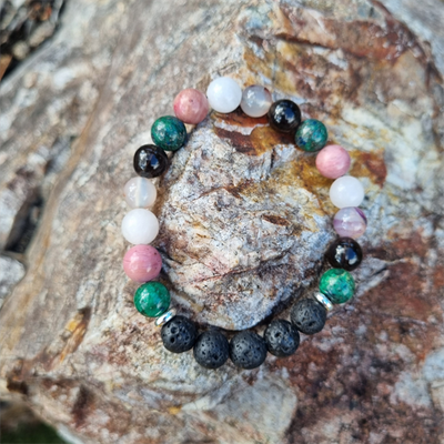Handmade Grief 8ml Gemstone Bracelet with Smokey Quartz, Amethyst, Rose Quartz, Rhodonite, Chrysocolla, and Lava Beads | Natural Crystal Jewelry for Emotional Healing, Comfort, and Grounding