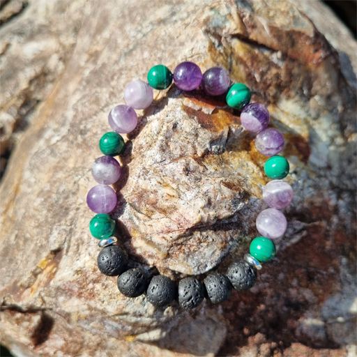 Handmade Vision 8ml Gemstone Bracelet with Amethyst and Malachite, with Lava Beads for Clarity, Insight, and Grounding | Natural Crystal Jewellery for Spiritual Awareness and Transformation
