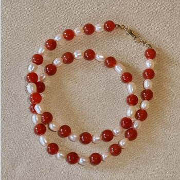 Australian Fresh Water Pearl 6ml &amp; Carnelian 8ml Necklace | Elegant Gemstone Jewellery for Women | Unique Accessory for Creativity and Emotional Healing