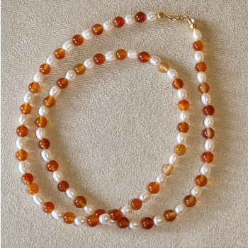 Australian Fresh Water Pearl 4ml &amp; Carnelian 4ml Necklace | Elegant Gemstone Jewellery for Women | Unique Accessory for Creativity and Emotional Healing