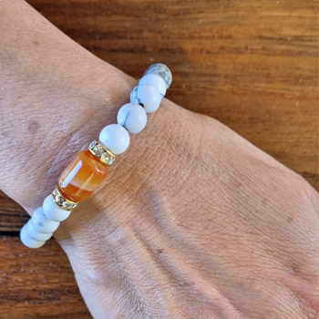 Handmade Howlite and Tibetan Agate Bracelet with Gold and Diamante | Natural Crystal Jewelry for Calming, Balance, and Elegance Handmade Howlite and Tibetan Agate Bracelet with Gold and Diamante | Natural Crystal Jewelry for Calming, Balance, and Elegance