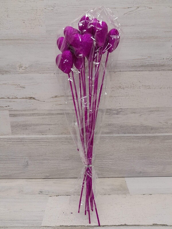 *12pc 55mm Solid Glitter Heart Picks Fuchsia