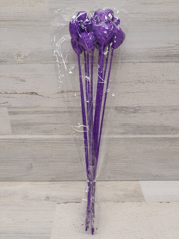 *12pc 40mm Solid Glitter Heart Picks Purple