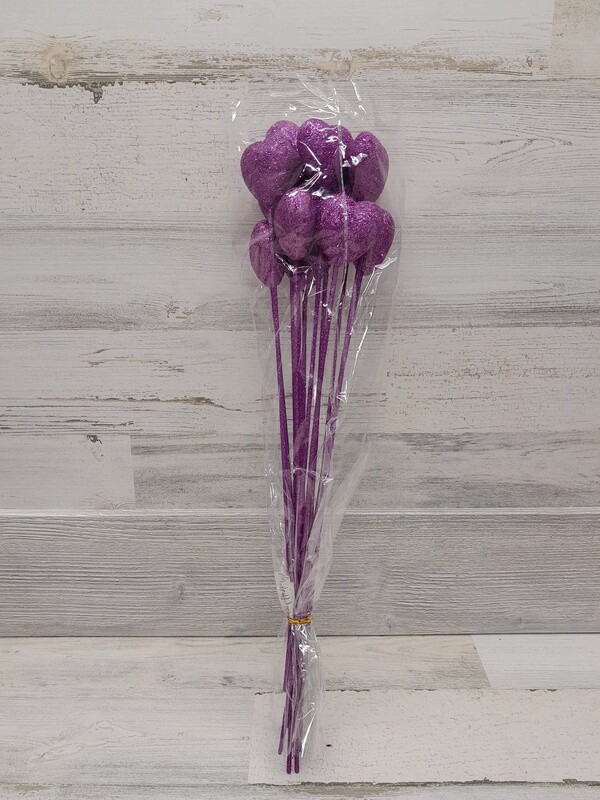 *12pc 55mm Solid Glitter Heart Picks Purple