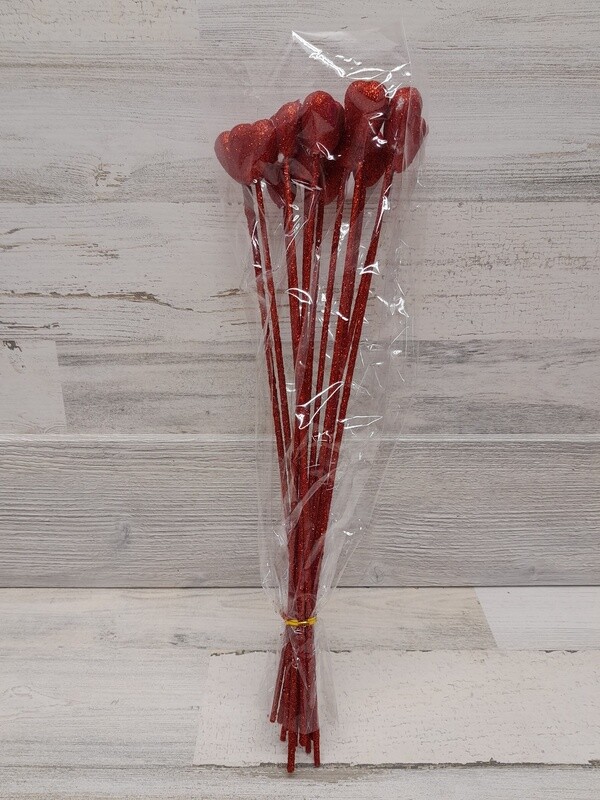 *12pc 40mm Solid Glitter Heart Picks Red